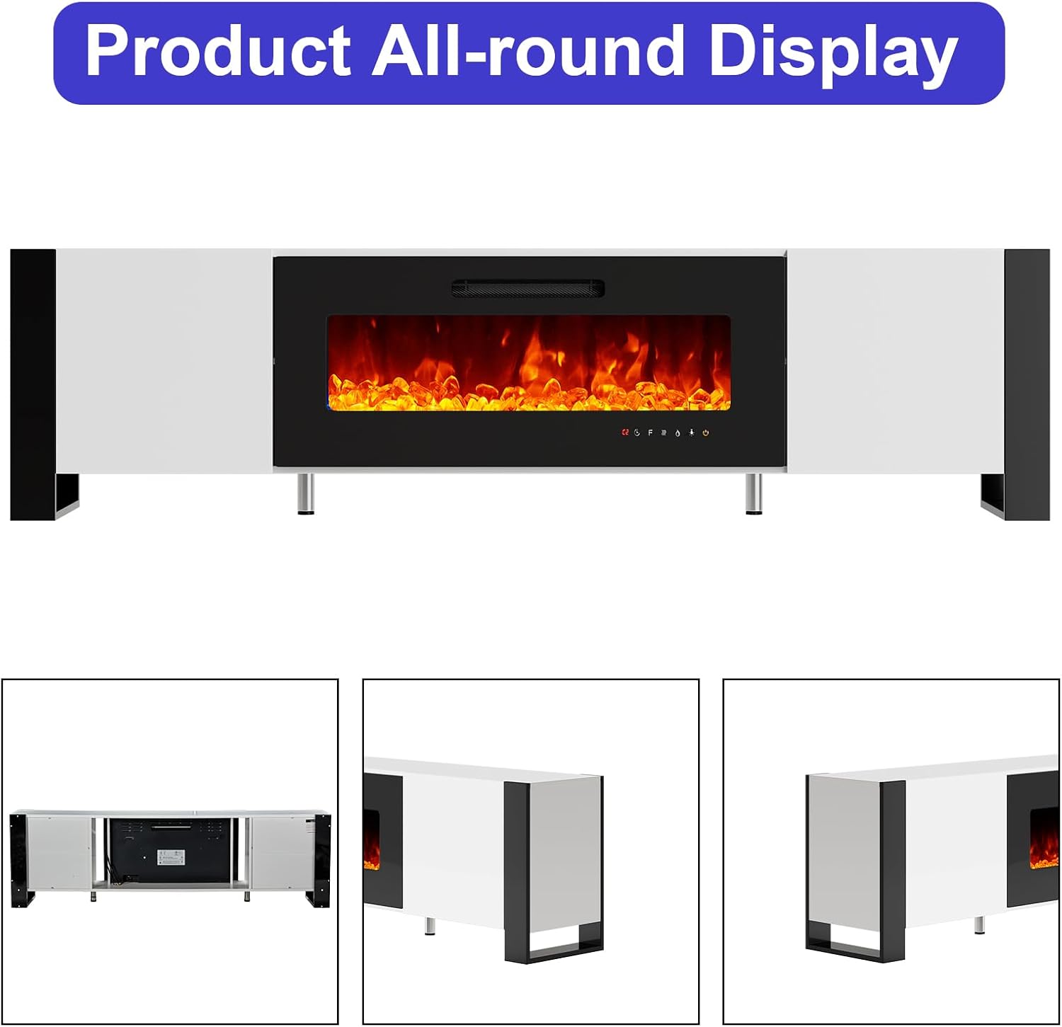 LUXOAK U-Shaped Legs 70" Fireplace TV Stand, Mirrored Finish Media Console with 36" Electric Fireplace, Modern LED Lights Storage Entertainment Center for TVs Up to 80", White