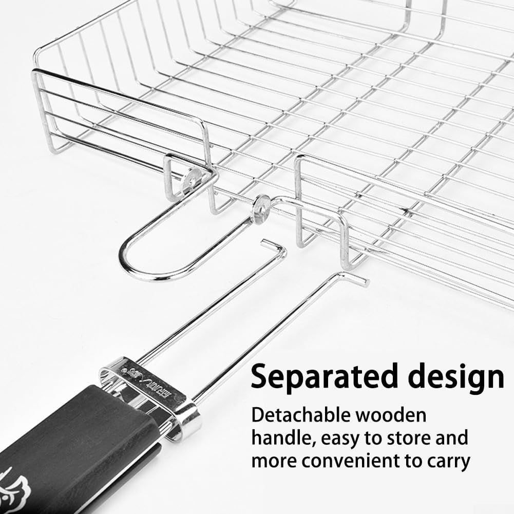 Portable Foldable BBQ Basket with Removable Handle, Stainless Steel Fish Grill Basket Featuring Lockable Design for Secure Outdoor Grilling