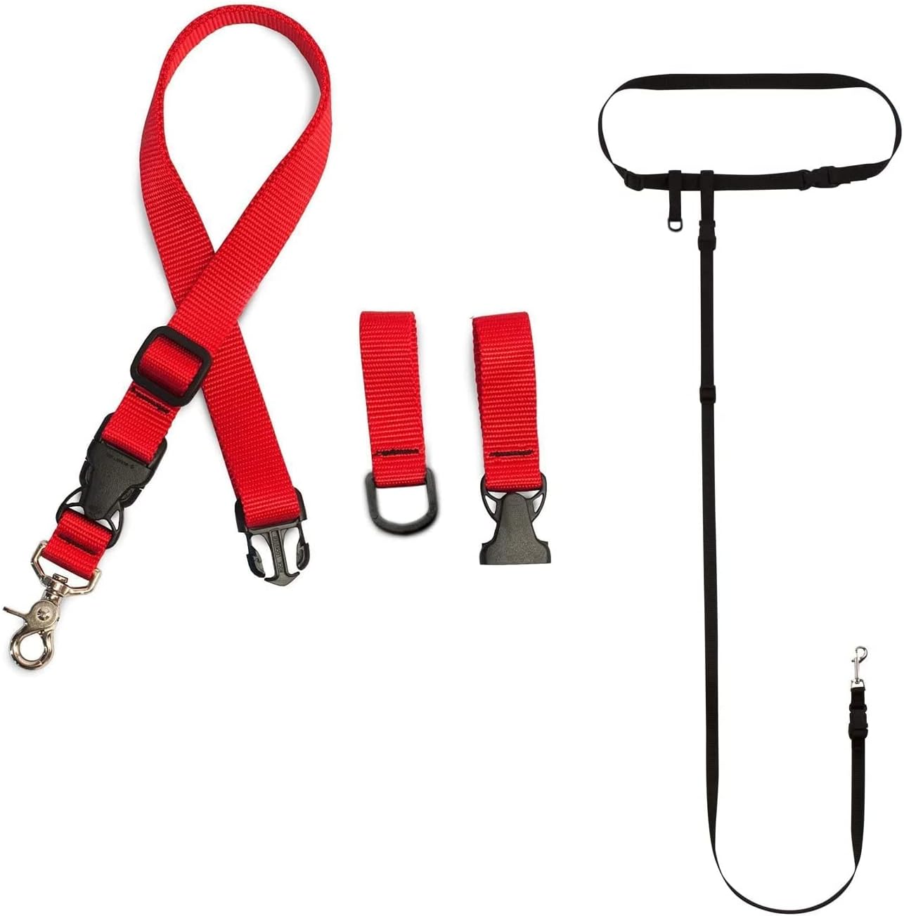The Buddy System Hands Free Dog Leash Extra Buddy (Regular Dog, Red) and Small Dog System (Large Belt, Black) for Running, Jogging, Walking, Hiking and Training Service Dogs
