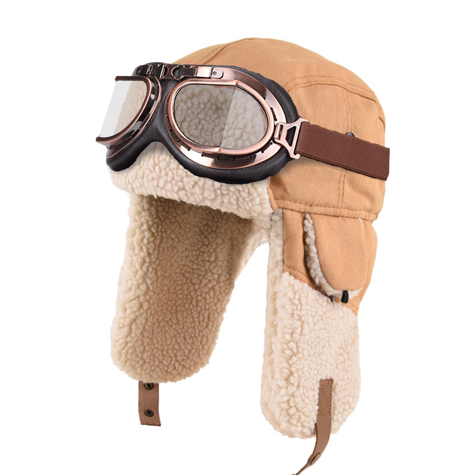 KAZZHA Aviator Hat with Detachable Goggles Vintage Pilot Hat Costume Accessory for Adult Winter Trapper Hat Fur Ear Flaps Khaki