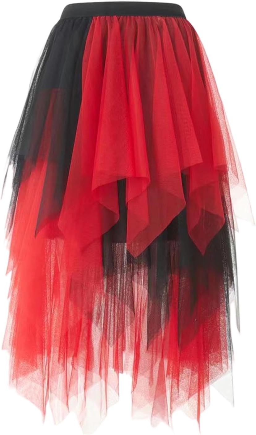 Women's Tulle Skirts High Low Layered A-line Midi Skirt Irregular Tutu for Women Color Block Casual Trendy Skirts