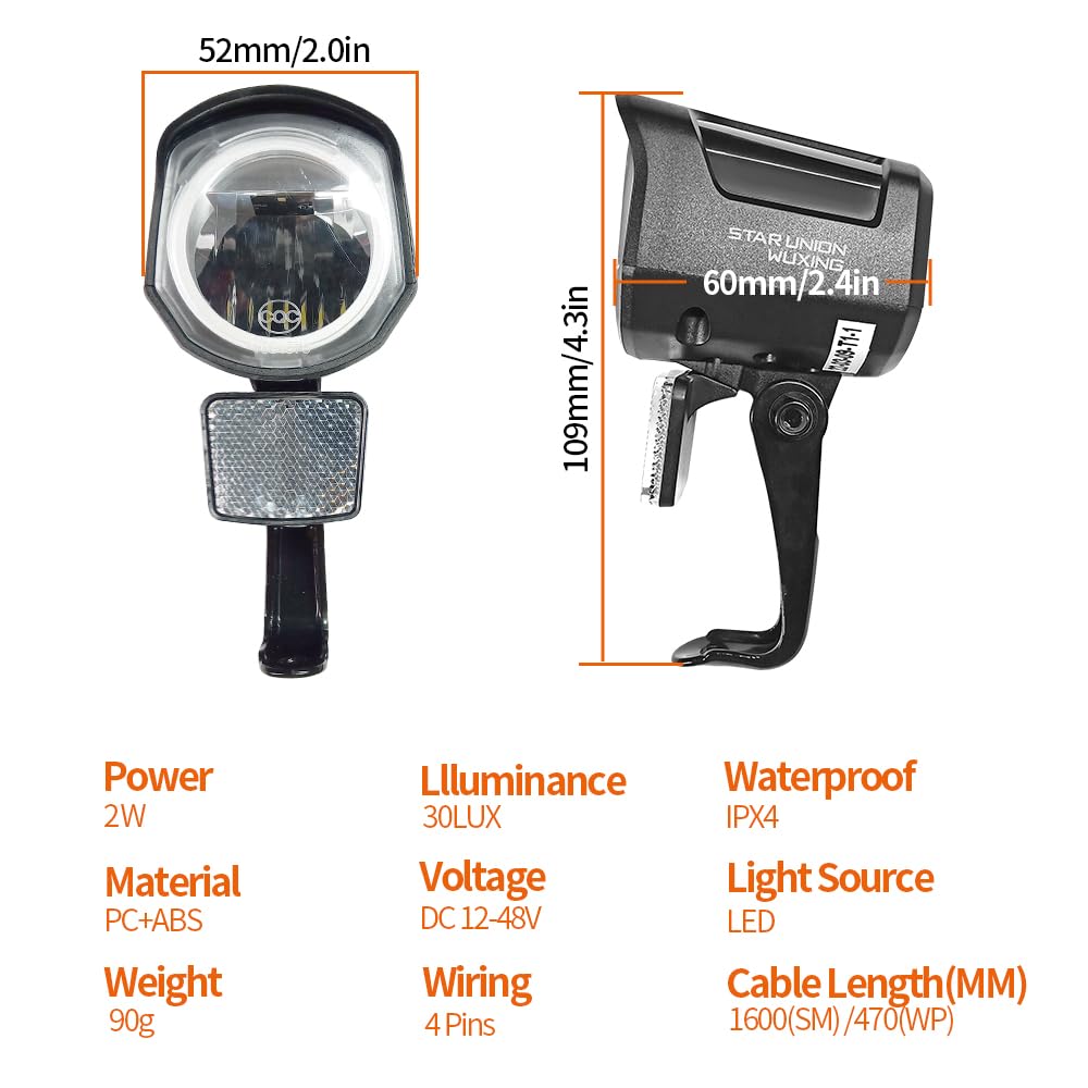Ebike Headlight 12V-60V with 2 Pin Connector - LED Front Light for Night Riding, Electric Mountain &Electric Scooter - Wired Ebike Accessories (QD252-SM Plug)