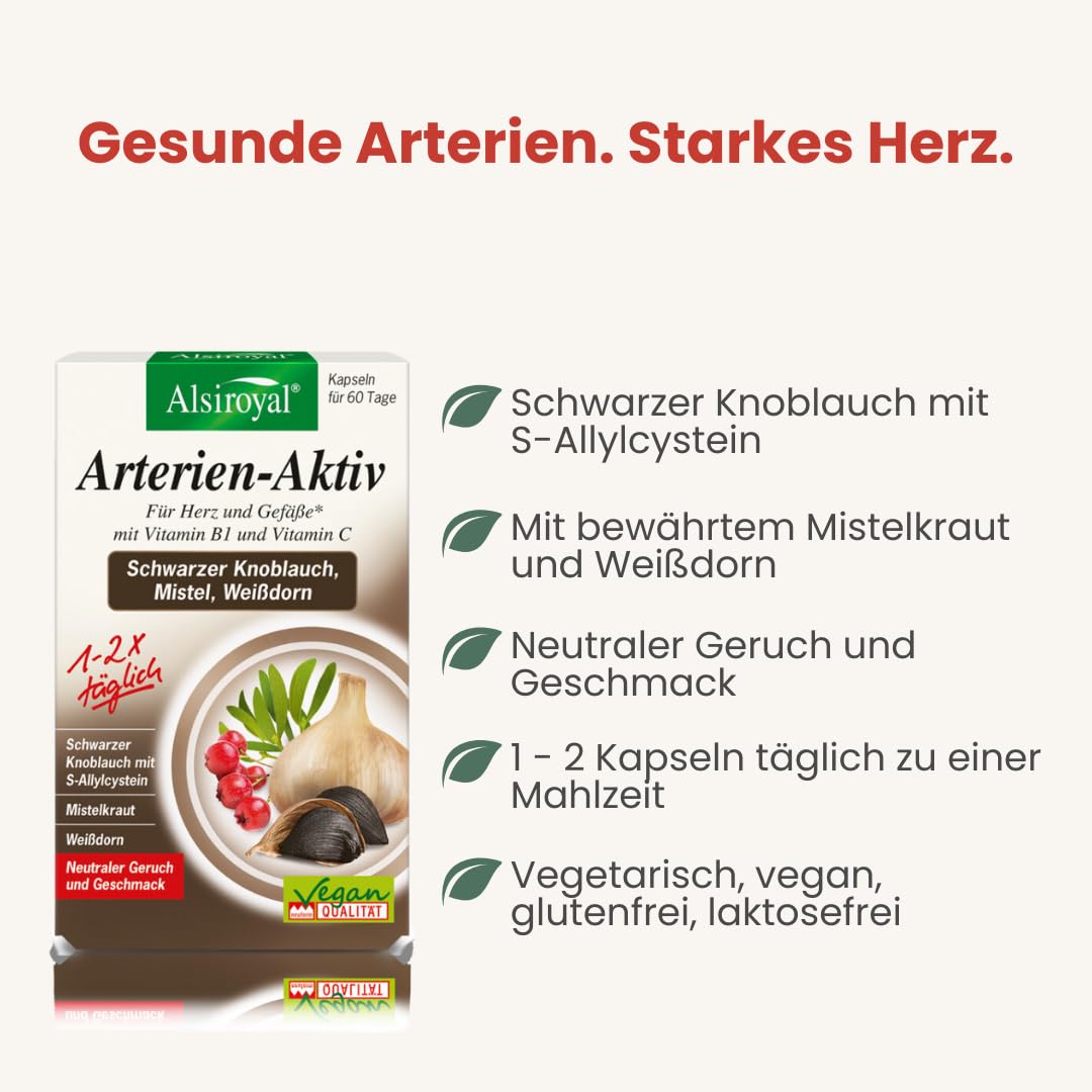 Alsiroyal Schwarzer Knoblauch · hochdosiert 22.500 mg pro Tag mit S-Allylcystein · 45:1 Extrakt · 3-fach-Formel schwarzer Knoblauch, Mistel, Weißdorn · vegan, ohne Zusatzstoffe