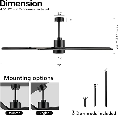 Miniatura 3 de WINGBO Ventilador de techo CC de 72 pulgadas con luces y 3 varillas bajas 5 cuchillas reversibles de madera tallada motor CC silencioso de 6
