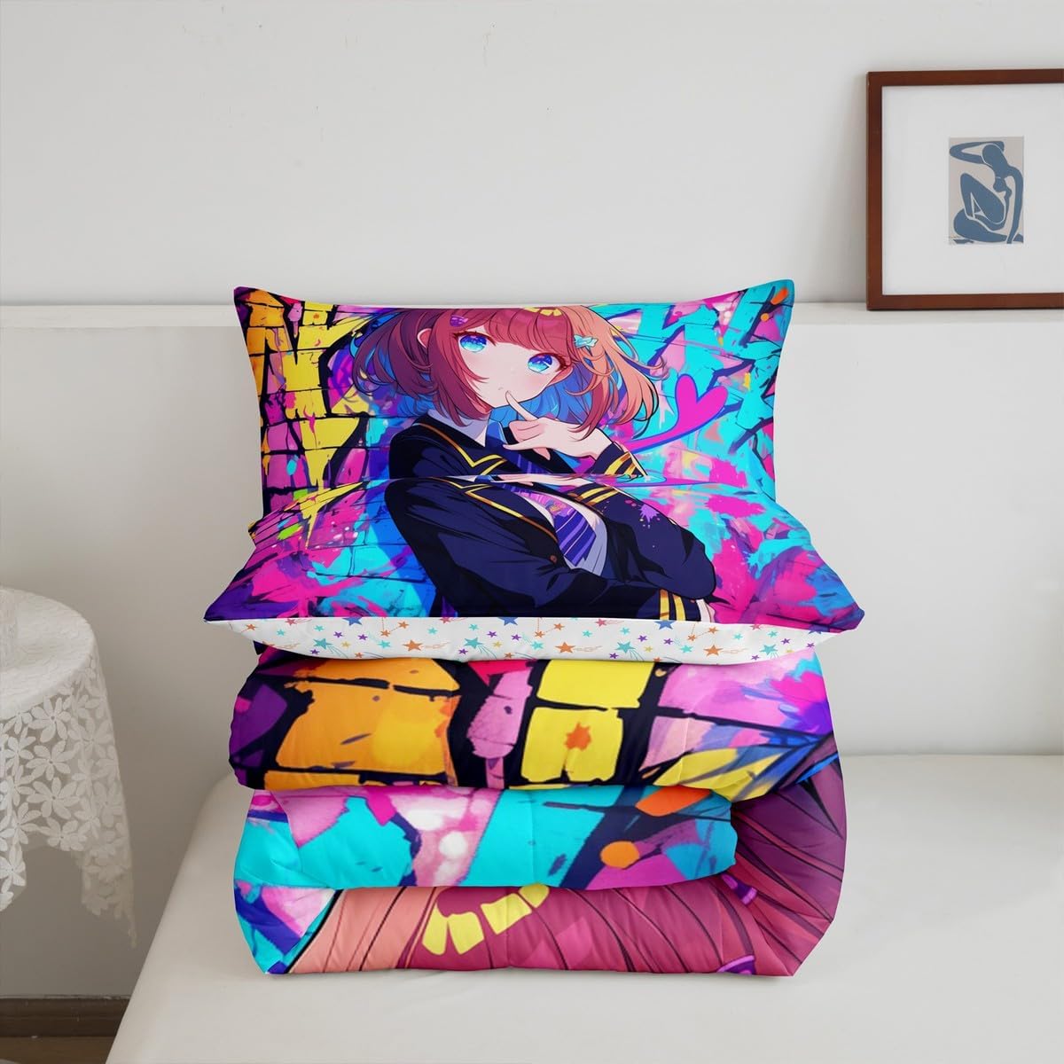 Erosebridal Girls Japanese Anime Comforter Set Full, Kawaii Anime Girl Bedding Set Cartoon Girl Duvet Insert for Kids Teens Adult, Japanese Animation Sci Fi Style Quilt with 2 Pillow Cases image 5