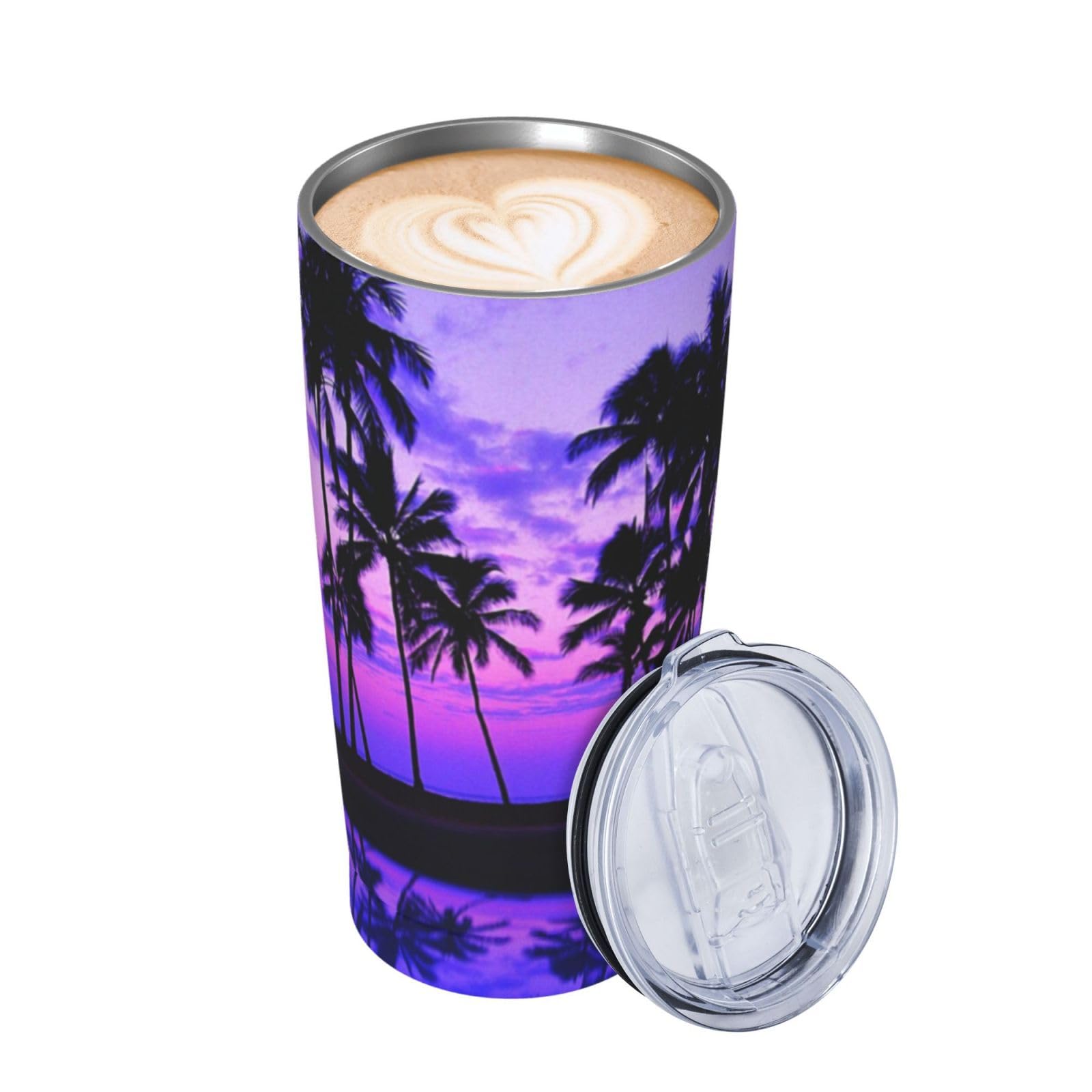 Tazza termica portatile con stampa tramonto viola con palma in acciaio inox