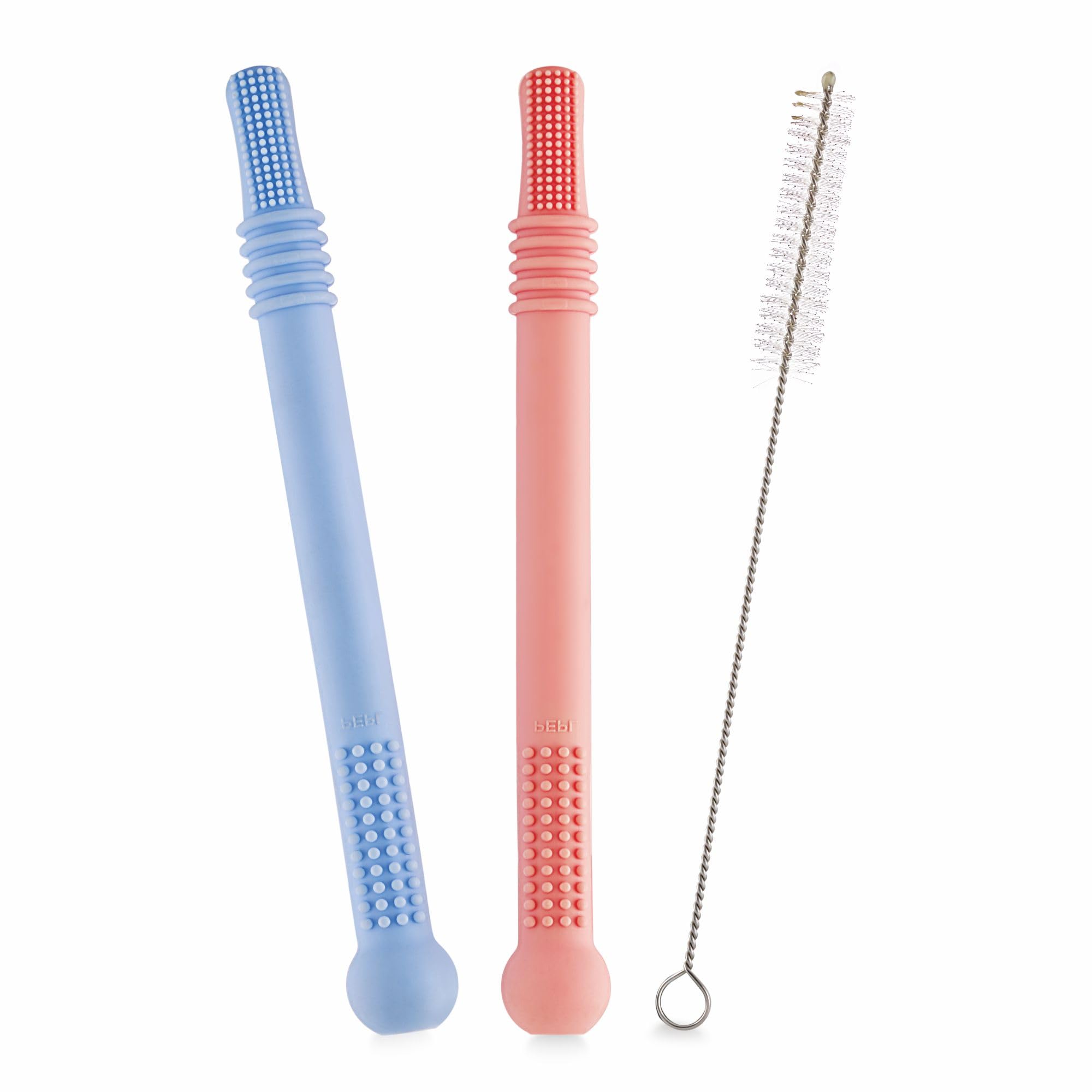 BeeBaby Chew Me Silicone Teether Sticks for Babies | Gum Massager Teething Toy with Cleaning Brush | BPA Free Safe Material | Pack of 2 | Soothing Teether for Infants & Toddlers - Blue & Pink
