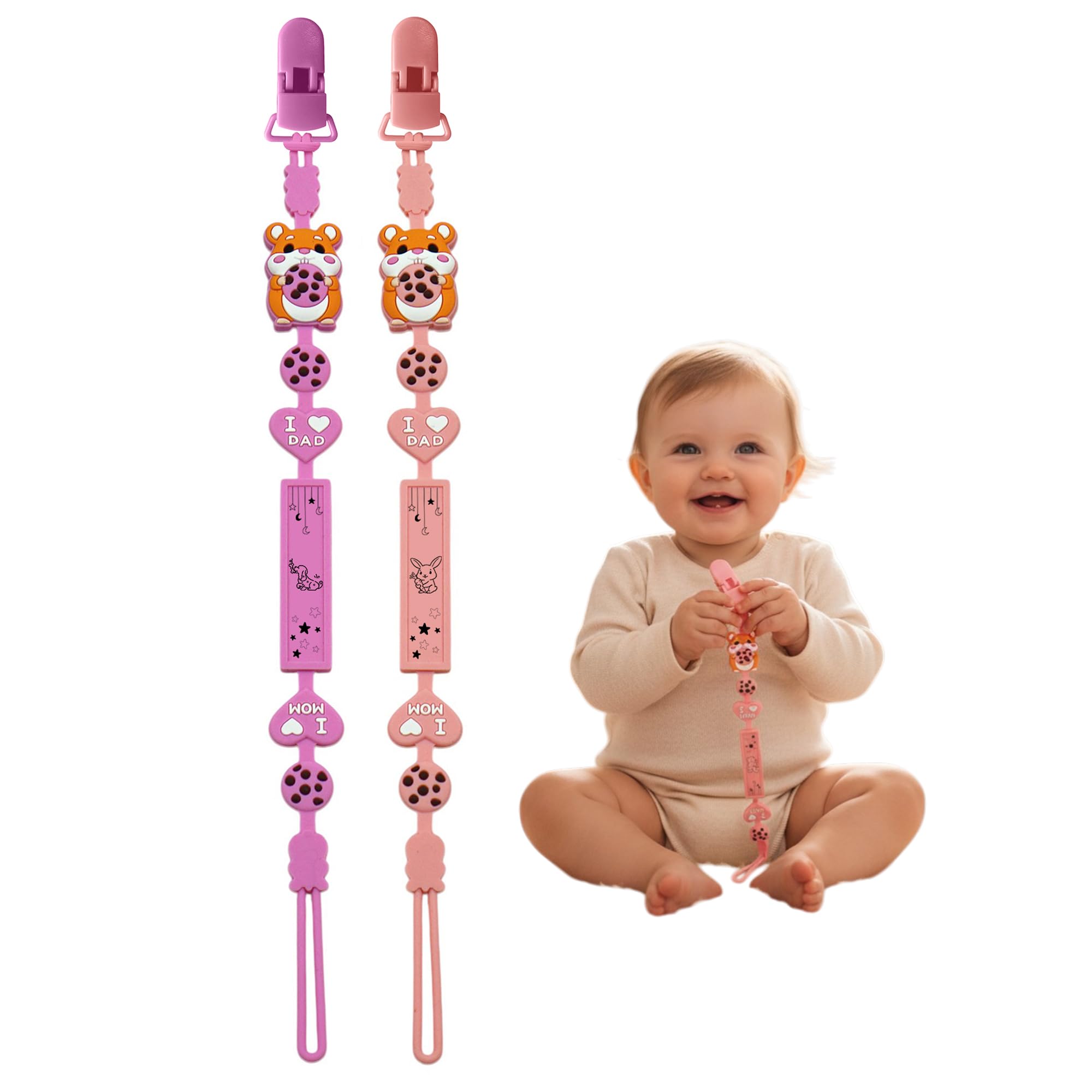 Catena per lecca-lecca in silicone, portaciuccio 2 in 1 e design monoblocco, cinghia per neonati e ragazzi, senza BPA, catena di criceto in 2 confezioni (Hamster - C)