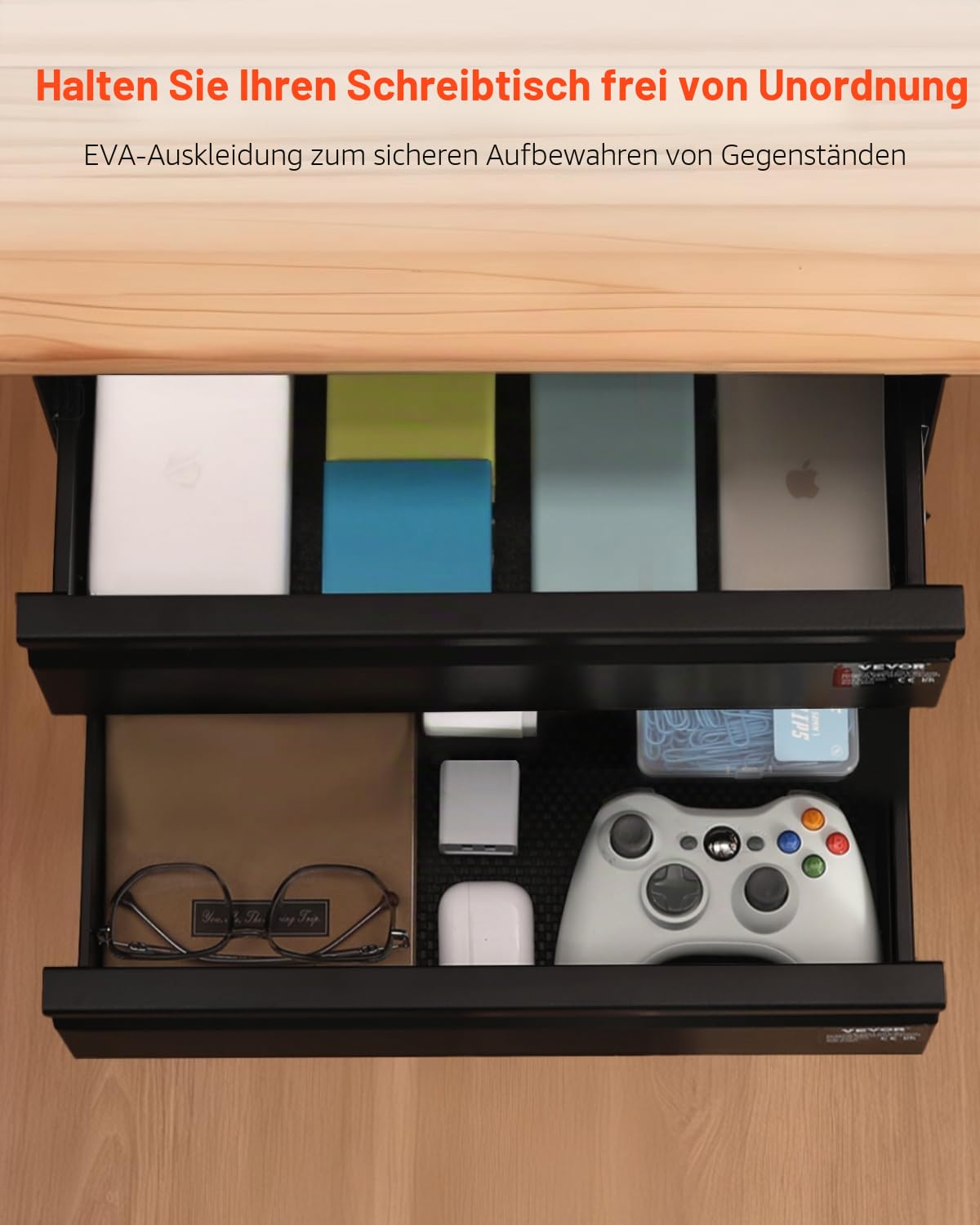VEVOR Untertisch Schublade 457x227x200mm, Unterbau Schreibtisch, versteckter 2-lagiger Aufbewahrungs-Organizer, Bleistiftschublade unter dem Tisch für Sitz-Steh-Arbeitsplätze zu Hause