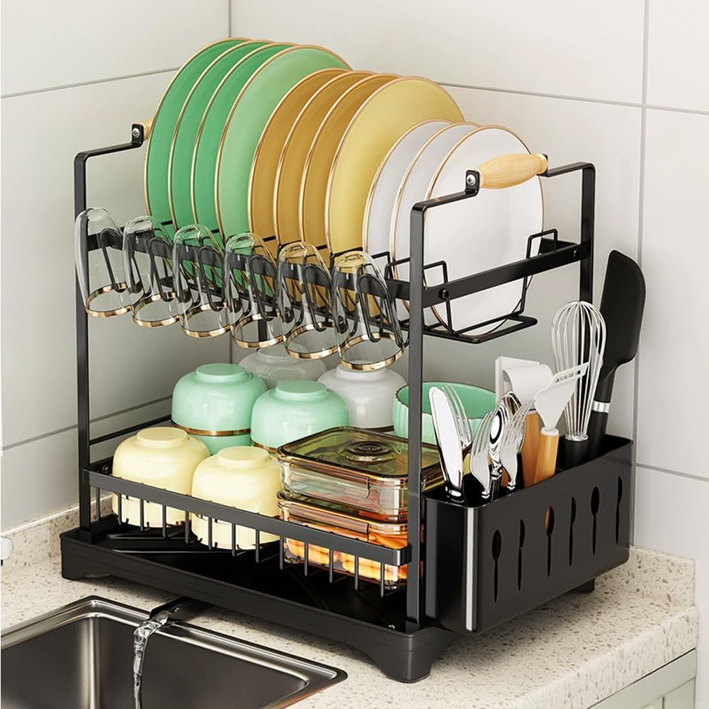 Draining Rack, 2-Tier Stainless Steel, Large Capacity, Kitchen Storage, Draining Basket, Dish Drying Rack, Chopsticks Stand and Dish Stand, Rustproof, Automatic Drainage with Drain Tray, Kitchen Black 42×30×42cm