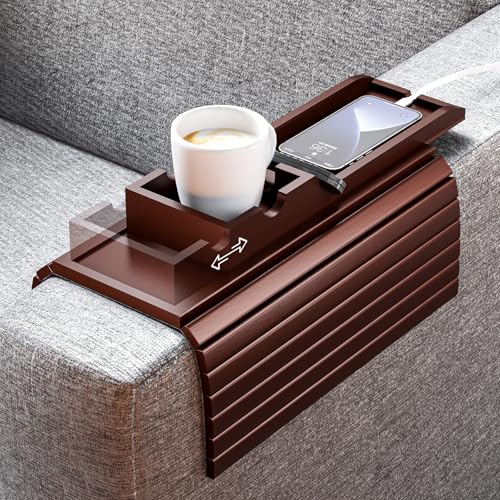 Bestjing Bamboo Couch Armrest Table, Sofa Arm Tray with Detachable Couch Cup Holder - 2 in 1...
