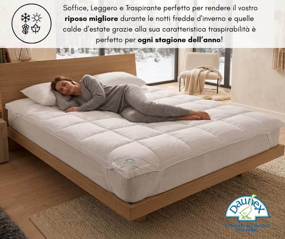 Topper DAUNEX® Copri Materasso in Piumette e Piumino d'Oca Bianco Traspirante Anallergico Made in Italy per Letto Matrimoniale Misura 160x190 Spessore 5 cm Mod. Corvara