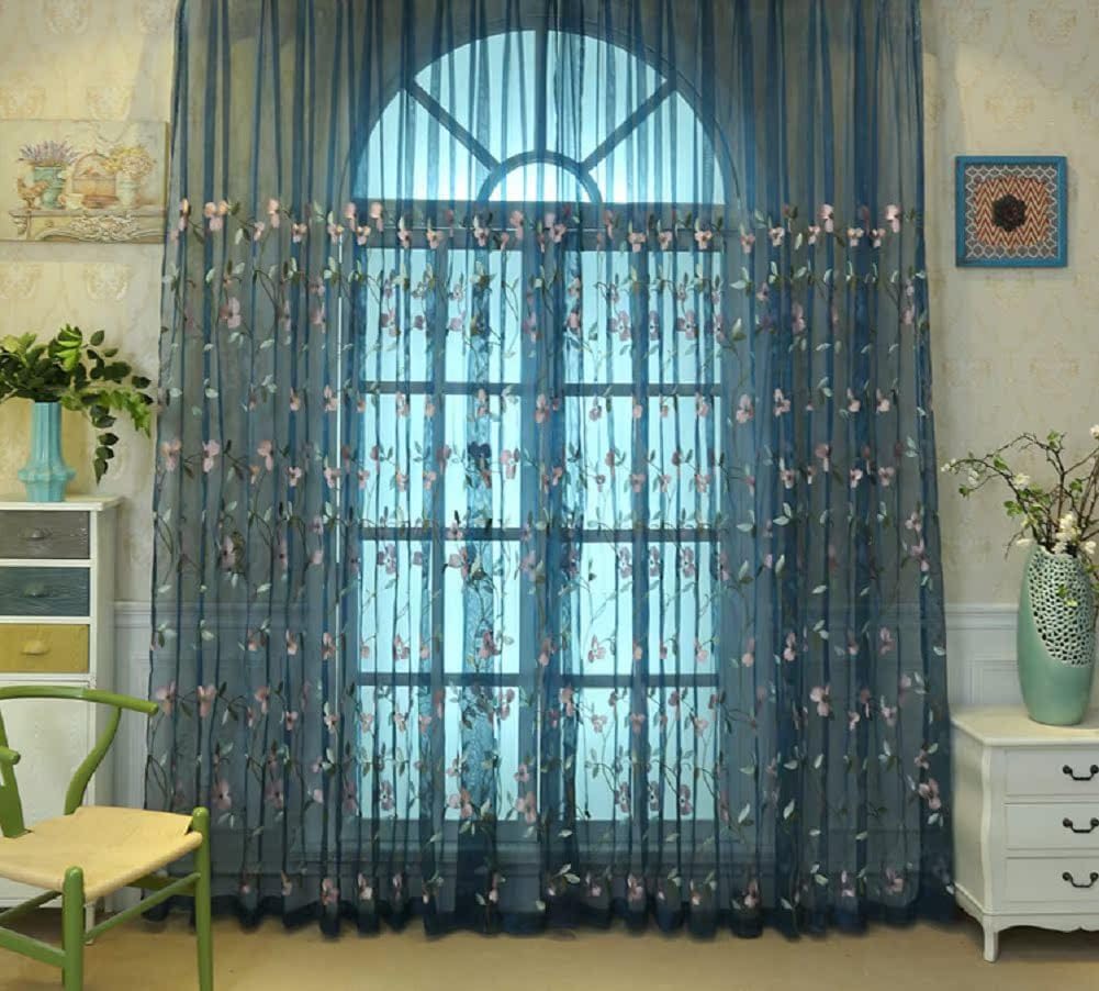 HooHero Blue Naturl Fresh Elily Floral Embroidered 52 Wide Sheer Curtains Kids Childern Room Decor Voile Liner Curtain