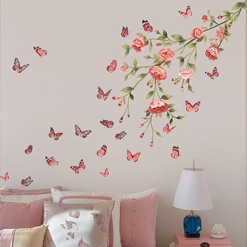 Miniatura 5 de Adhesivo de pared de flores rojas con diseño de mariposas revoloteantes, decoración de pared de plantas florales, papel tapiz para despegar y pegar,