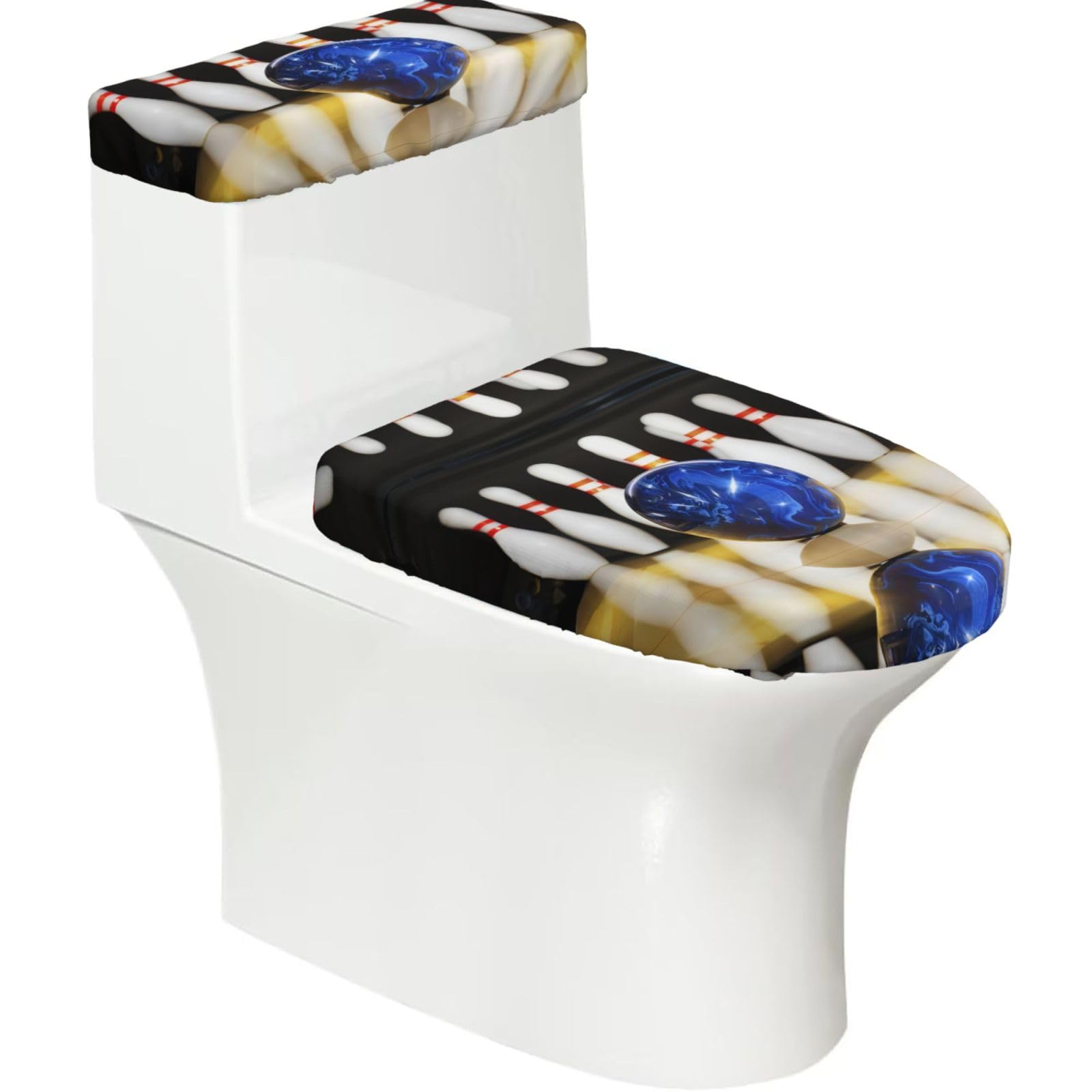 Mrowyc Black Bowling 2-Piece Toilet Seat & Tank Lid Cover Set - Elastic Stretch Design - Universal Fit For U-Shape-O-Shape-Elongated Toilets - Functional Bathroom Decor & Housewarming Gift