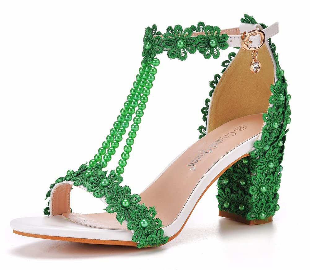 Donne Sandali con Tacco, Sexy Perline Ricamate da 7 cm Sandalo quadrate Sandalo Estate Scarpe da Sposa Scarpe Elementi,Verde,36.5 EU