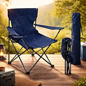 Cadeira Camping Dobrável Com Bolsa Porta Copos E Pé De Ferro E Tecido Poliéster Resistente Premium (Azul)