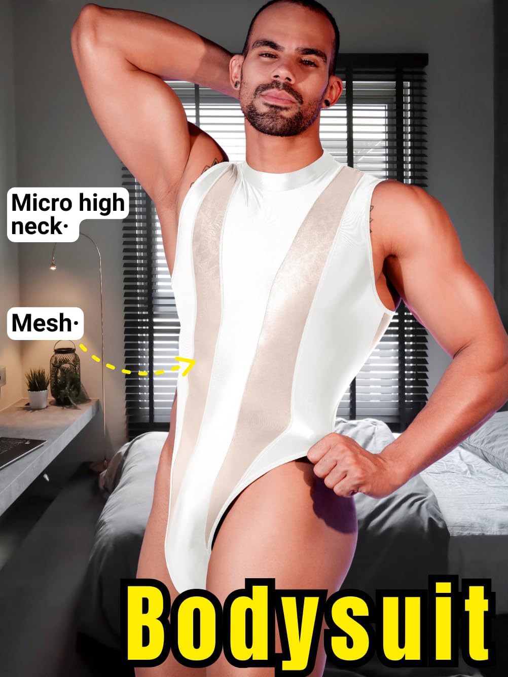 Mens Sexy Lingerie, Hook Crotch Thong High Cut Bodysuit Top Rave Outfit, Glossy Mock Neck Sheer Singlet Muscle Suit - Image 2