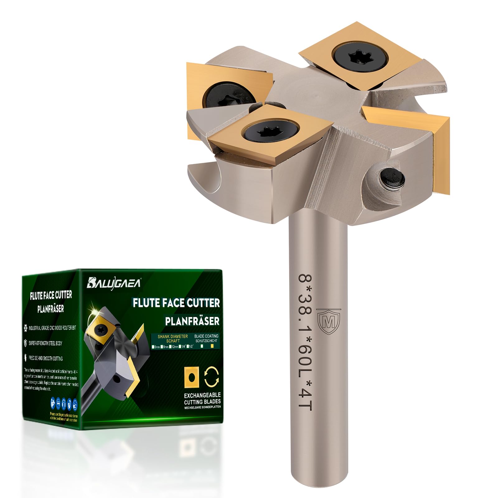 Frez czołowy 8 mm trzonek 38,1 mm średnica cięcia z niklowanym frezem do frezarki górnowrzecionowej CNC do drewna, 4 flety