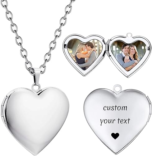 PHOCKSIN Collar con medallón de corazón que sostiene imágenes, collar de medallón plateado personalizado con foto para mujer, collar de piedra natal