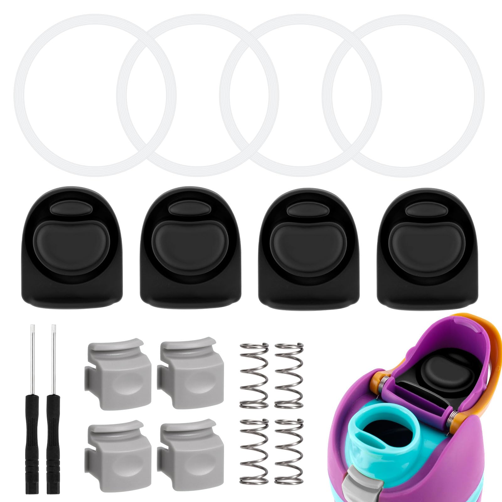 Tinoaly Replacement Parts Kit for Owala Water Bottles Lid, Including 4pcs Replacement Stoppers 4pcs Button 4 Bottle Seal Ring Gasket 2pcs Screwdrivers & 4 Spring