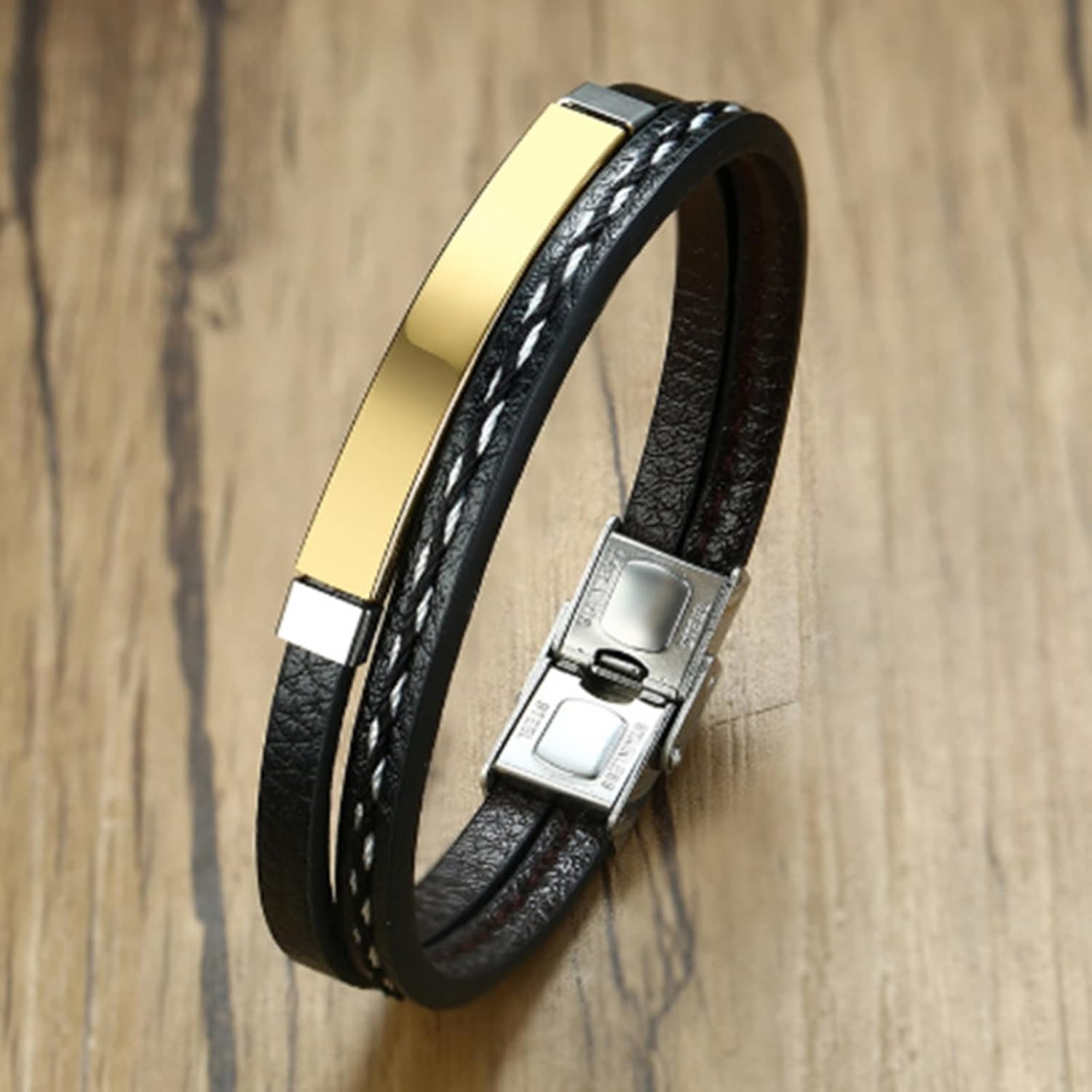 Daesar Men Stainless Steel Bracelets Leather Weave Dog Tag Engraved Bester Papa Bracelet Bangle ID Bracelet for Father Gift