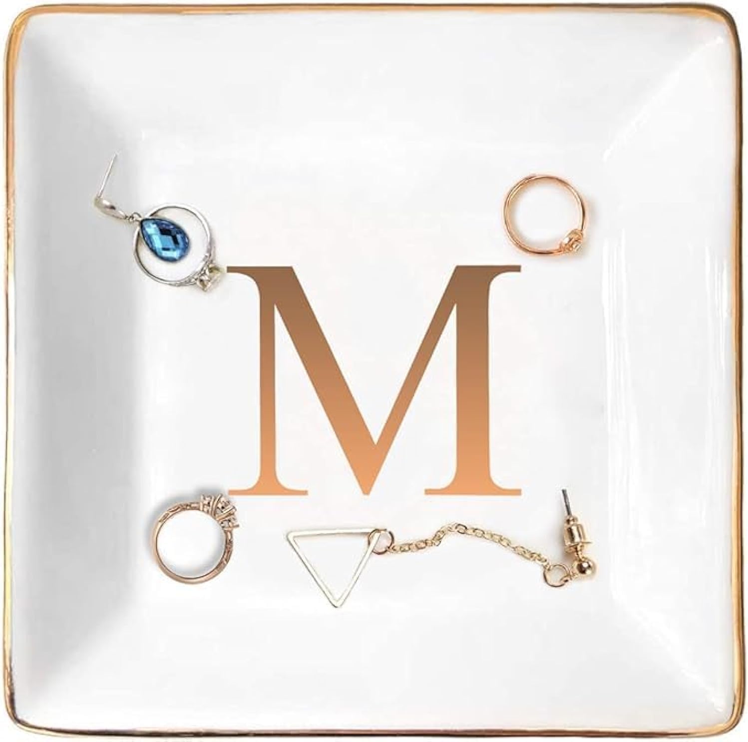 ANOTION Jewelry Tray Ring Dish with Initial Gift- Personalized Trinket Dish and Jewelry Dish with Gold Initials Key Bowl Ceramic Holder, Unique Wedding or Engagement Present