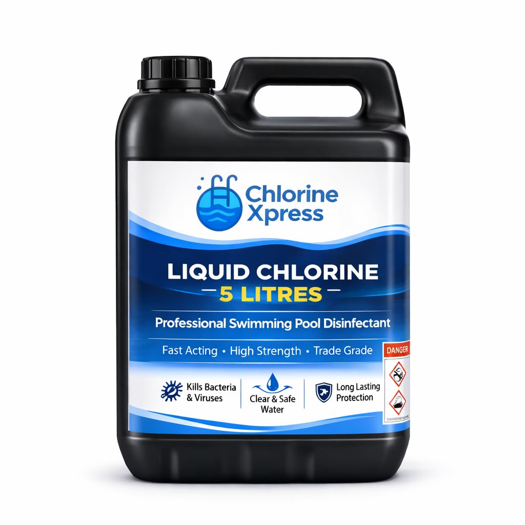 Liquid Chlorine 5 Litres | Professional Swimming Pool Disinfectant | Chlorine Xpress | Fast Acting High Strength Pool Chlorine