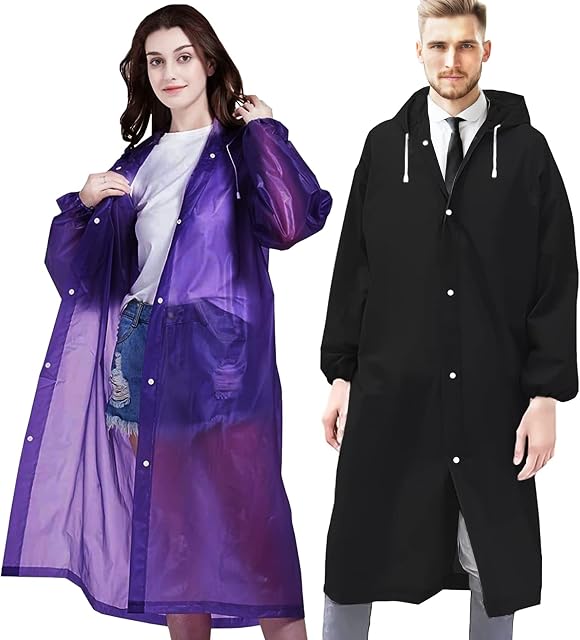 AMANMAN 2 Pack Rain Ponchos Waterproof Raincoat for Adult Reusable Portable Rain Coat with Hoods and Sleeves Emergency Rainwear for Women Men Outdoor Travel Hiking Camping (Black & Purple)