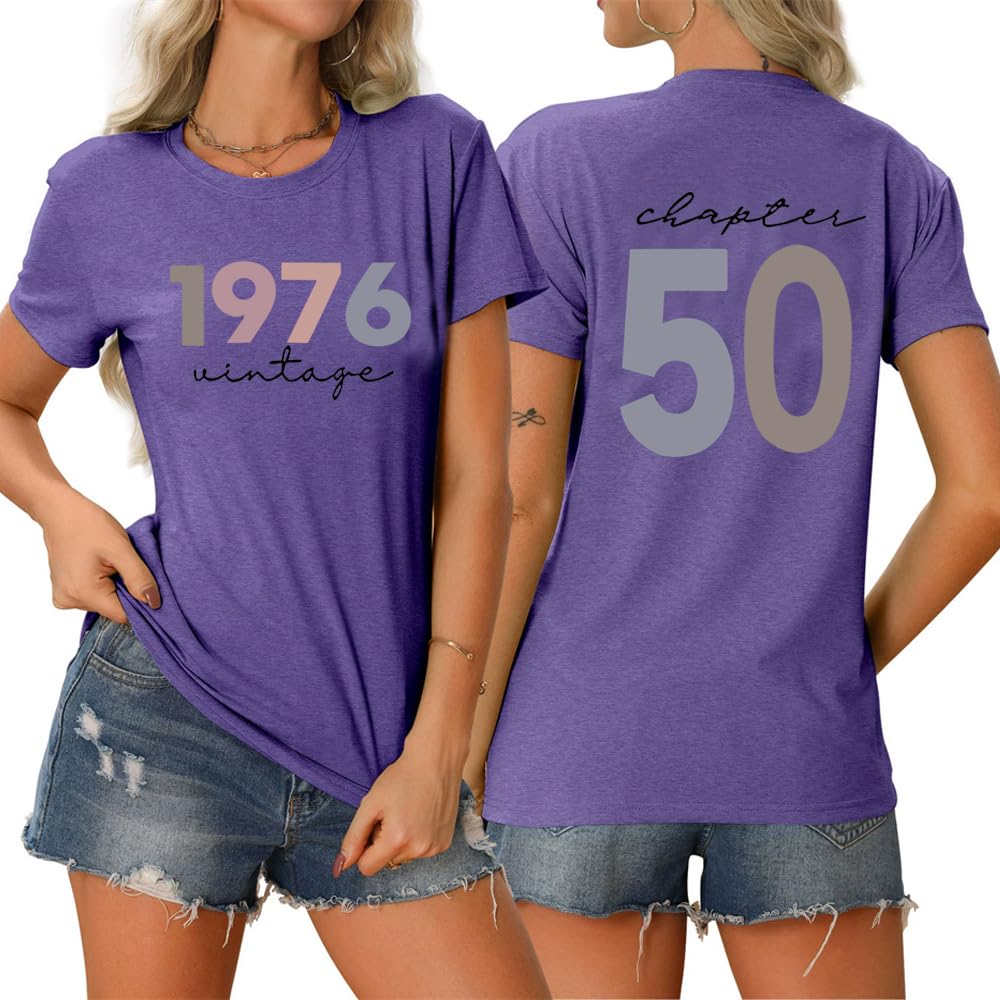 Vintage 1976 Women Shirts Back Printed 50 Chapter Tees Summer 50th Birthday Gift T-Shirt Born in 1976 Retro Tshirts (Purple,S)