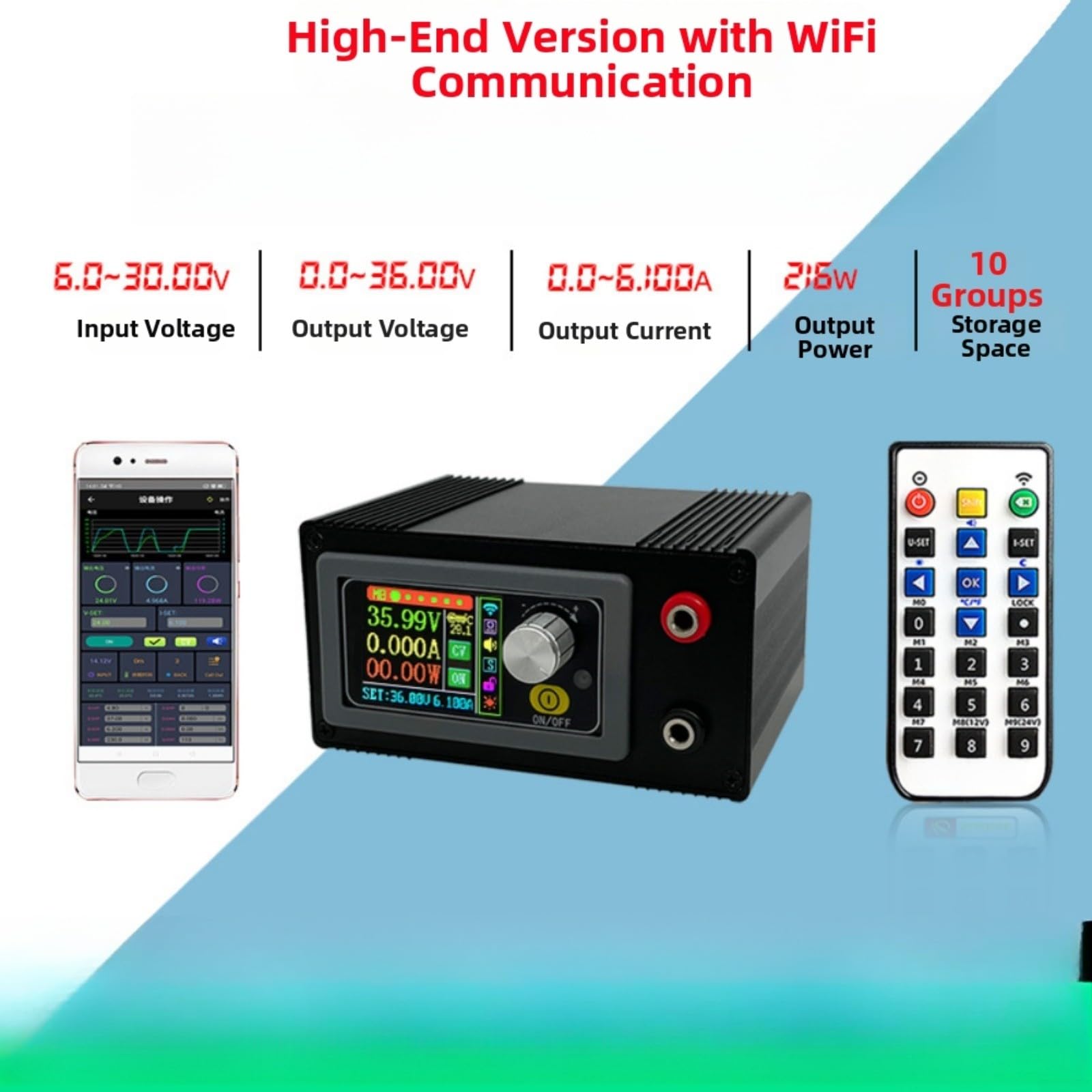 Alimentatore DC regolabile 0-36 V 6 A 216 W WiFi telecomando regolatore di tensione con protezione da sovraccarico e 10 slot di memoria per elettronica di laboratorio CNC (con WIFI)