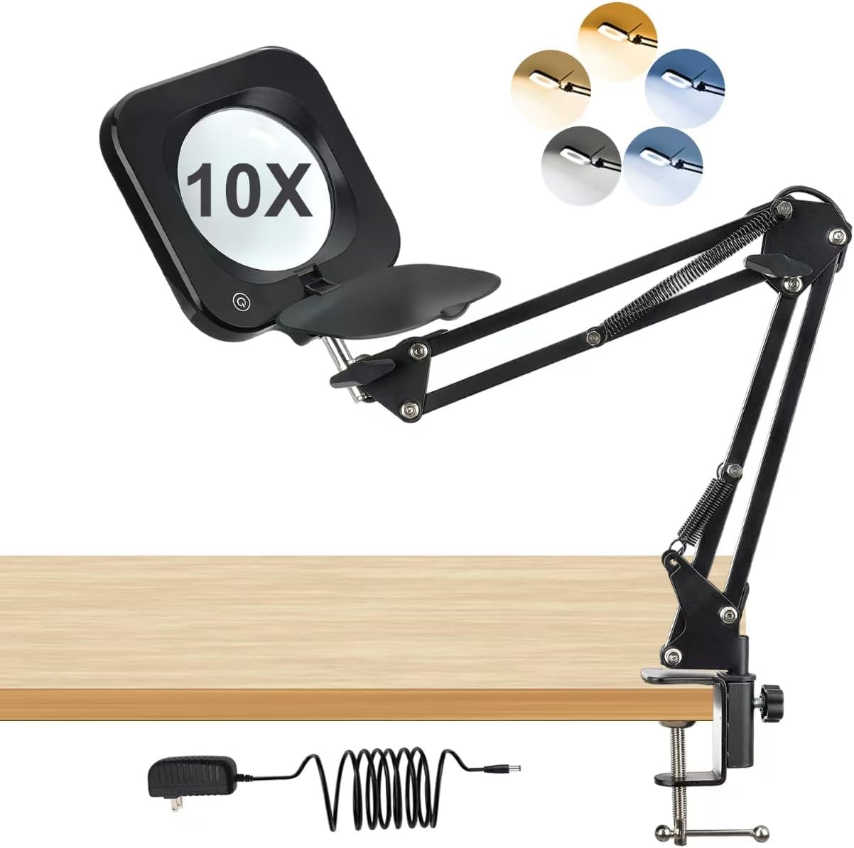 10X Magnifying Glass with Light and Stand, Real Glass LED Lighted Magnifier, 5 Color Modes Stepless Dimmable, Hands-Free Desk Lamp with Clamp for Kids, Women, Reading Craft, Hobby Close Work
