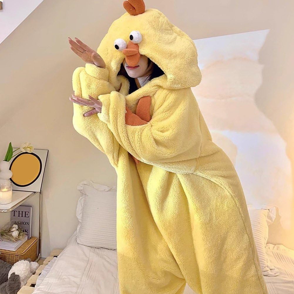 Pigiama Intero per Adulti, Pigiama Intero con Pulcino Giallo, Pigiama di Coppia Corallo, Pigiama con Animali Divertenti per l'Abbigliamento Invernale Casa