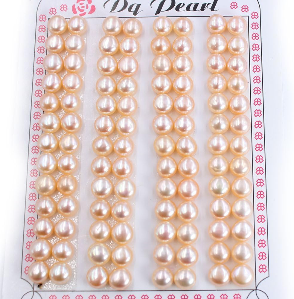Jewelry Making Natural 3A Grade Coin Button Orange Pink Freshwater Pearl Half Drilled Beads for Stud Earrings Pendant (7.5-8mm(33 Pairs))