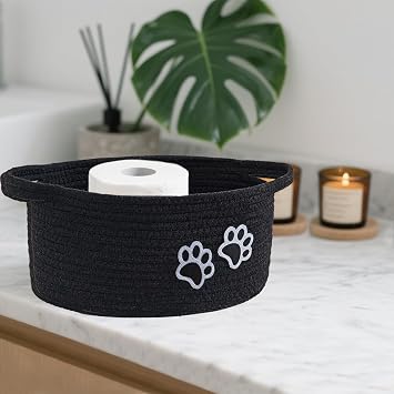 Small Woven Cotton Rope Nursery Organizer Bins, Dog Toy Basket Bins with Handle, Cute Empty Baby Gift Storage Baskets with Paw