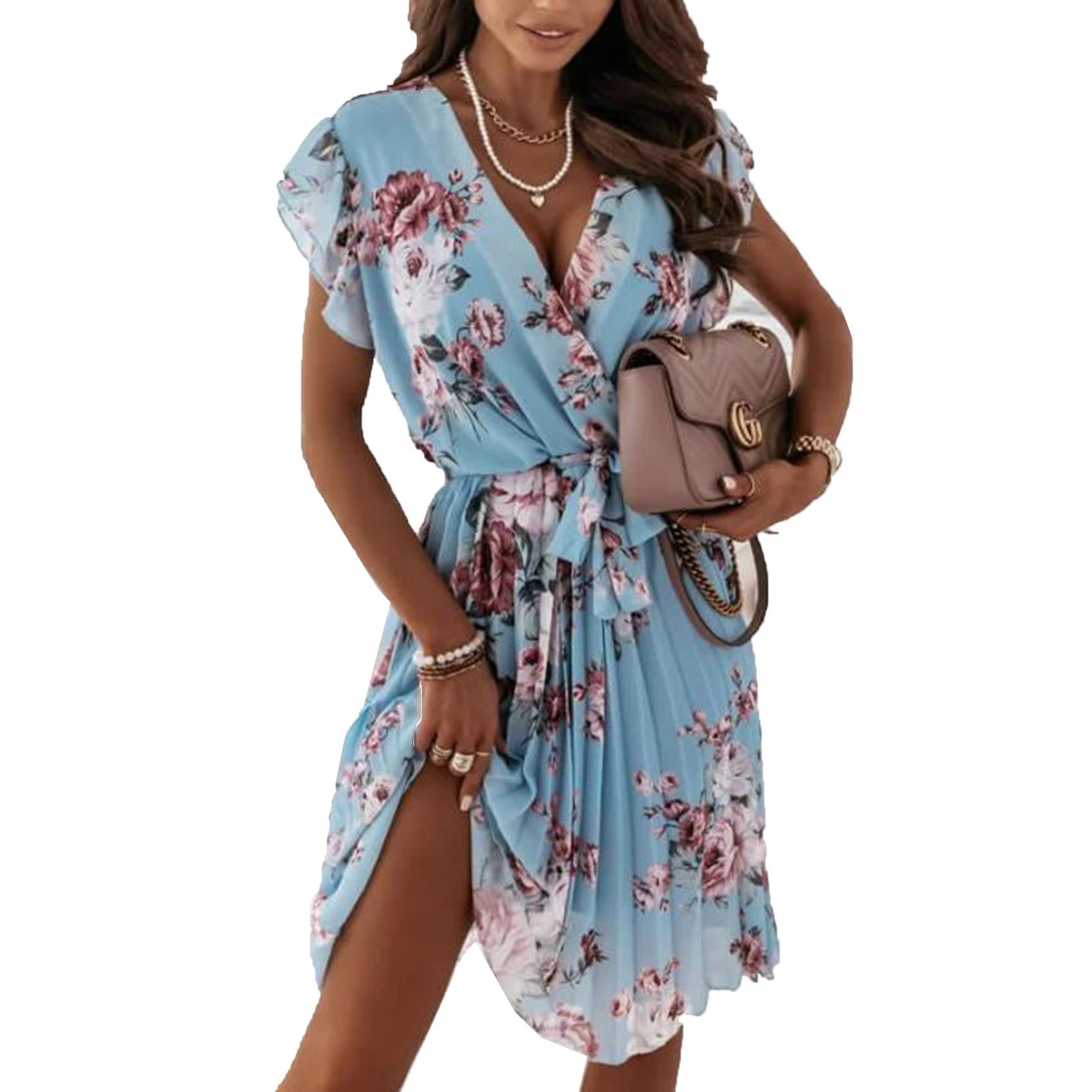 BDCUYAHSKL Vestido De Verano con Volantes De Manga Corta con Cuello En V Y Estampado Digital Vestido Retro Floral Elegante para Mujer