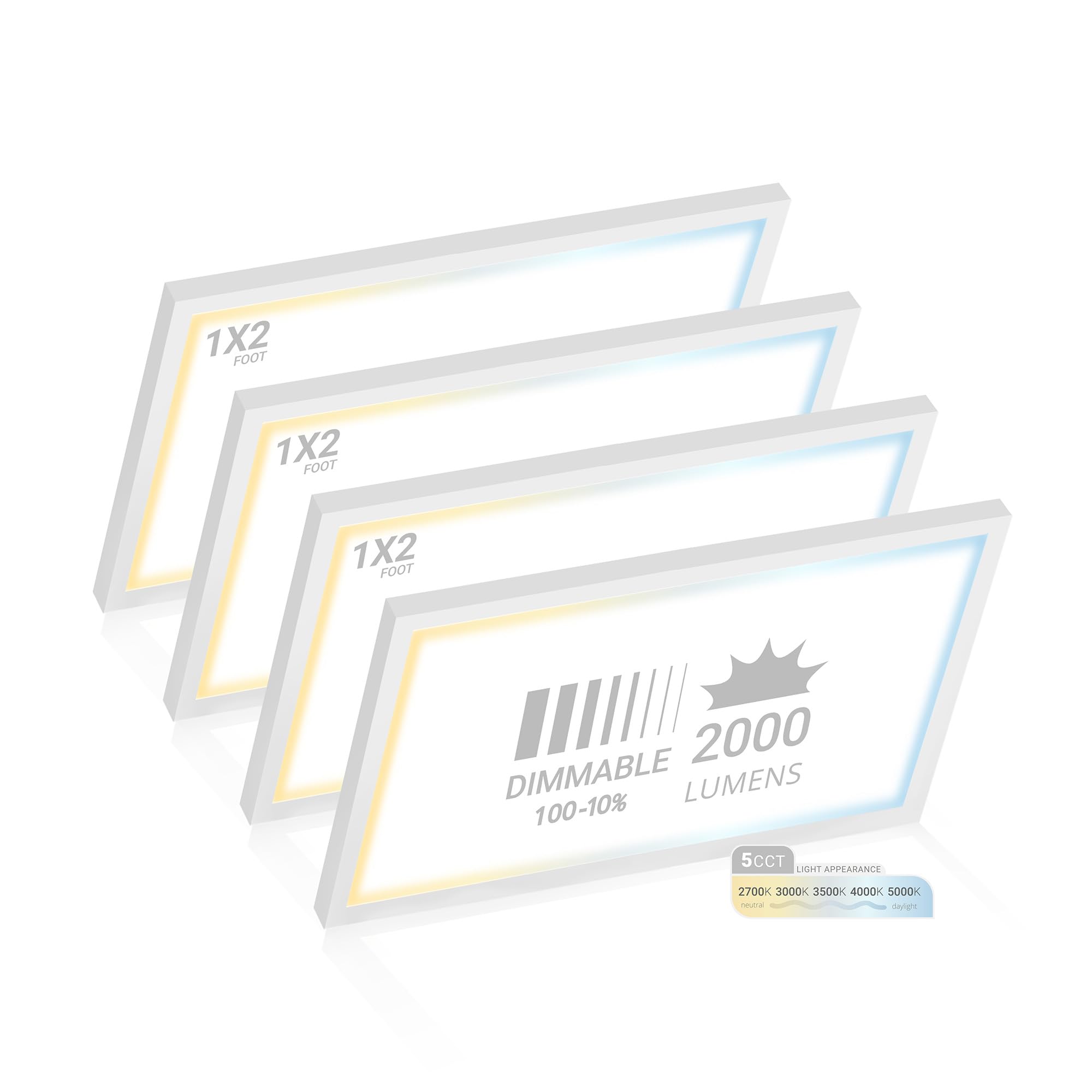 NUWATT 4 Pack, 1x2 LED Flat Panel Light Surface Mount, 5CCT 2700K/3000K/3500K/4000K/5000K Selectable, 2000LM, 22W, Internal Driver, Dimmable, 120V,
