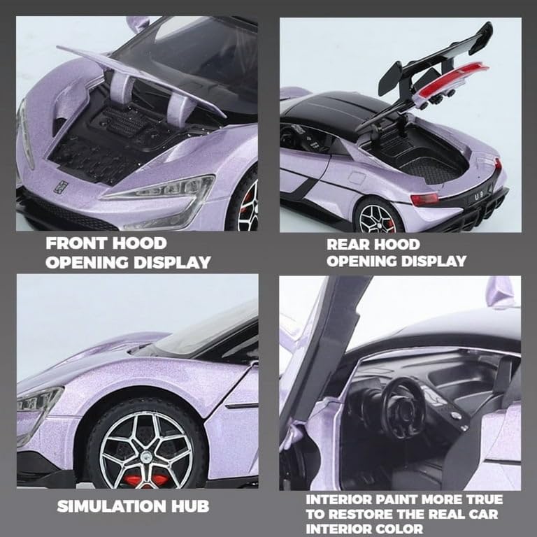 Image of 1:32 Scale Die Cast BYD u9 Sports Car Model - Metal Body Pull Back Toy Car with Openable Doors, Realistic Design for Kids & Collectors (BYD U9 Style, Amethyst Purple Color)