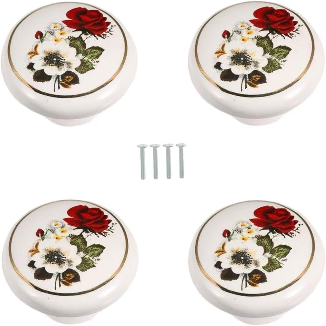 Ceramic Hand Painted Drawer Knobs, Vintage Flower Painted Cabinet Knobs and Pulls, Kitchen Furniture Knobs for Dresser/Cupboard/Wardrobe/Closet (Flower White Round) 4 PCS