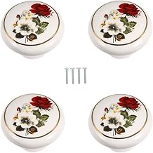 Ceramic Hand Painted Drawer Knobs, Vintage Flower Painted Cabinet Knobs and Pulls, Kitchen Furniture Knobs for Dresser/Cupboard/Wardrobe/Closet Flower White Round 4 PCS