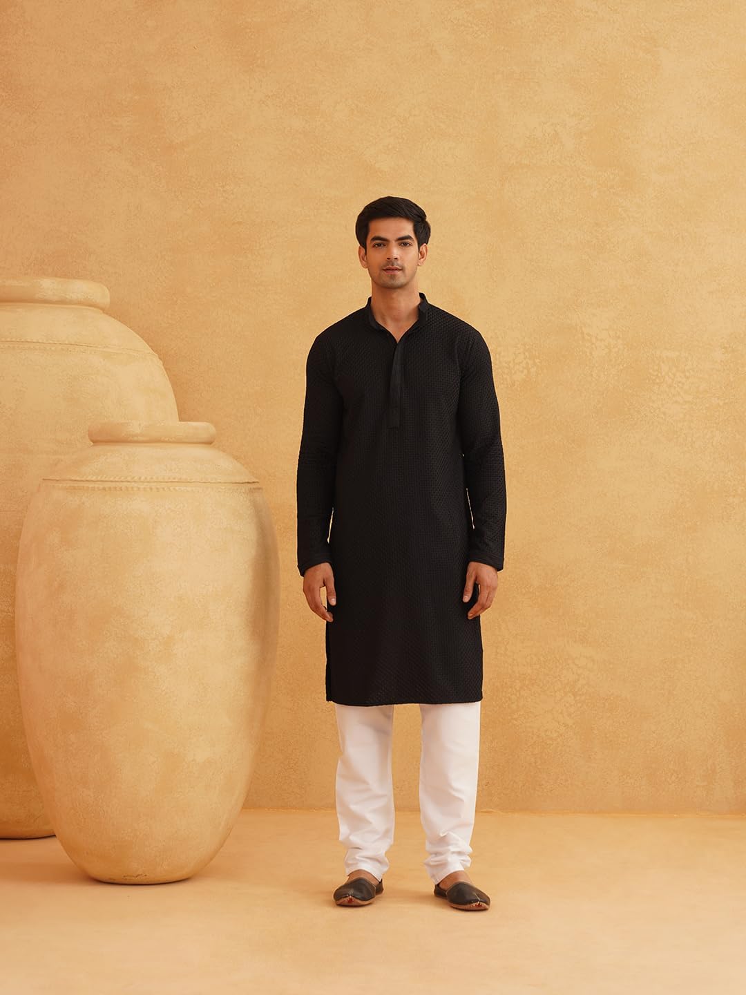 Sojanya (Since 1958 Men'S Cotton Embroidered Thread Work Kurta With White Churidar Pyjama - Image 2