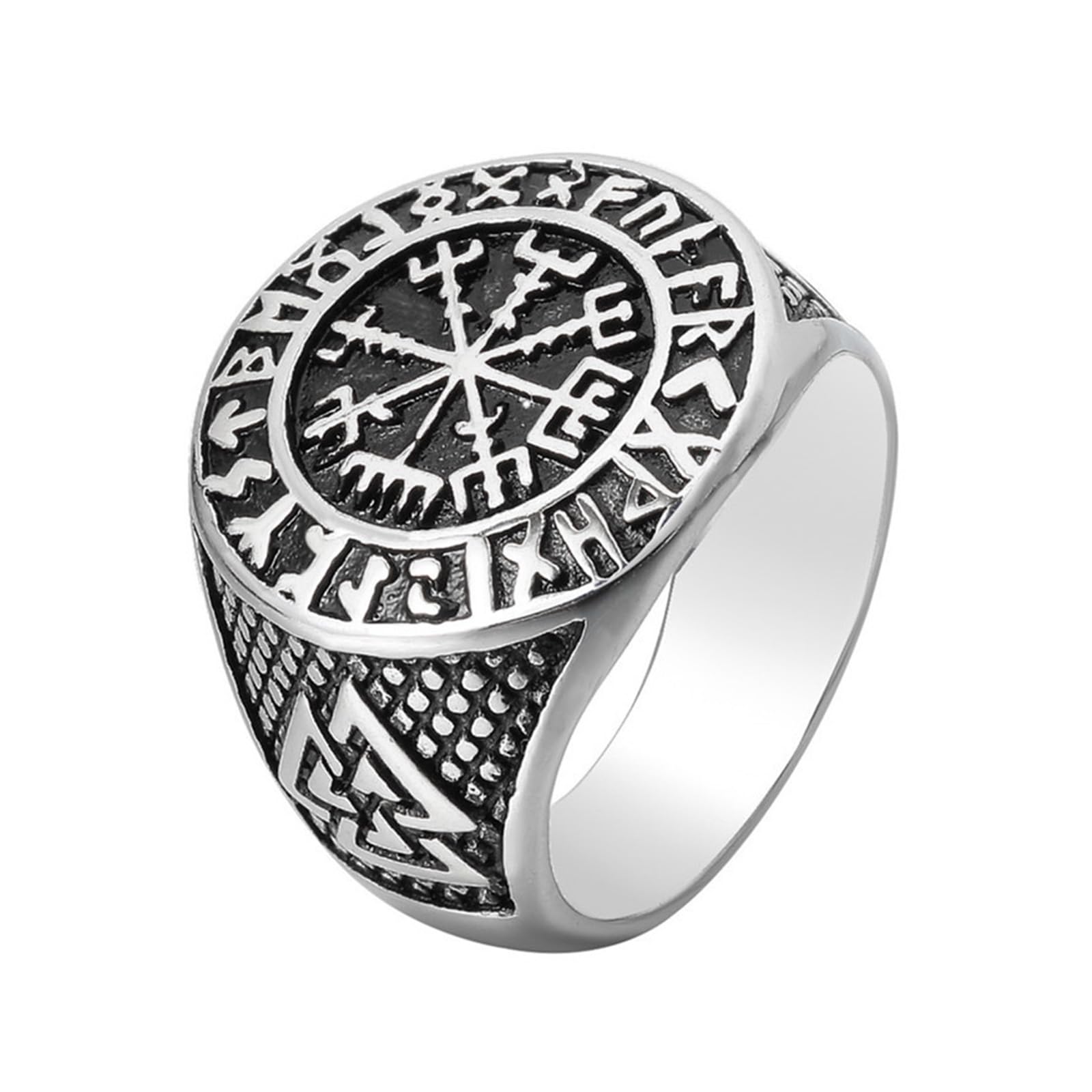 VHJdtE Rings, Norse Valknut Rune Amulet Vegvísir 8-Pointed Star Stainless Steel Navigates Storms(Silver,Y)