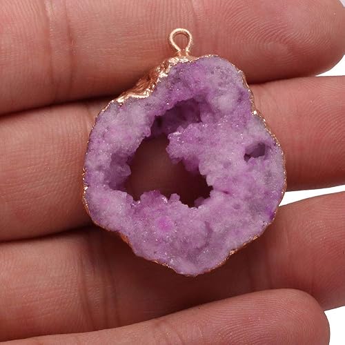 Miniatura 5 de LE SKY Colgante de piedra natural, geoda drusa irregular, piedra de ágata rosa para hacer joyas, collares, aretes, 2 unidades, Ágata, Ágata