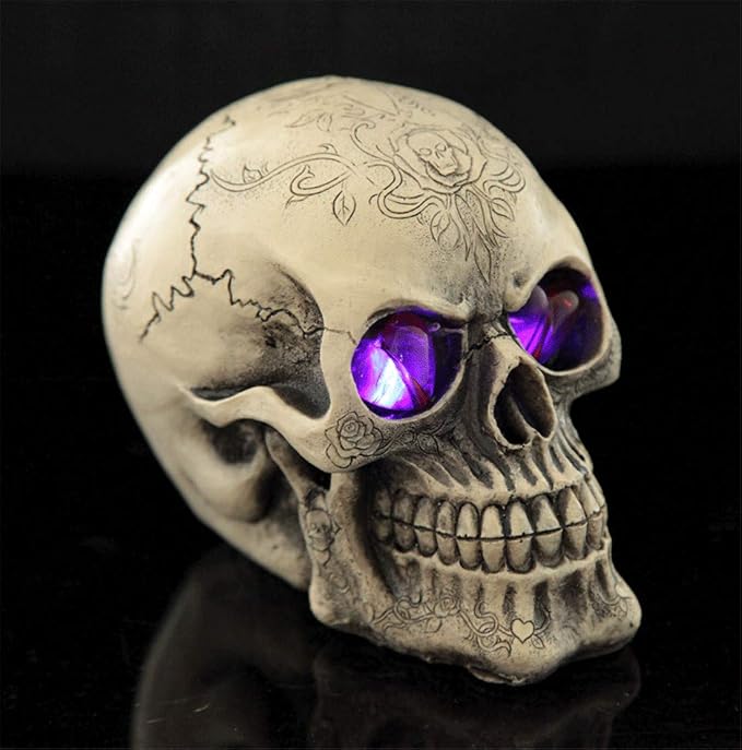 LED Skull Statue Light for Halloween Bar Table Decor, Night Light Resin Skull Prop Horror Haunted House Party Ornament Decoration with LED Light Up Eyes Desk Lamp for Cool Holiday or Birthday Gift