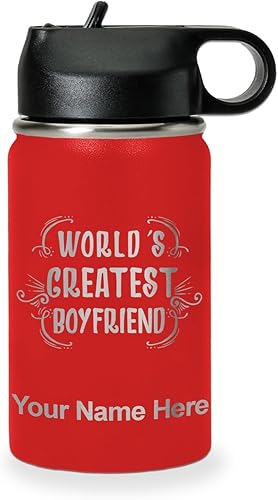 Miniatura 54 de LaserGram Botella de agua personalizada, World's Greatest Boyfriend, acero inoxidable de doble pared aislada al vacío con popote superior, regalo