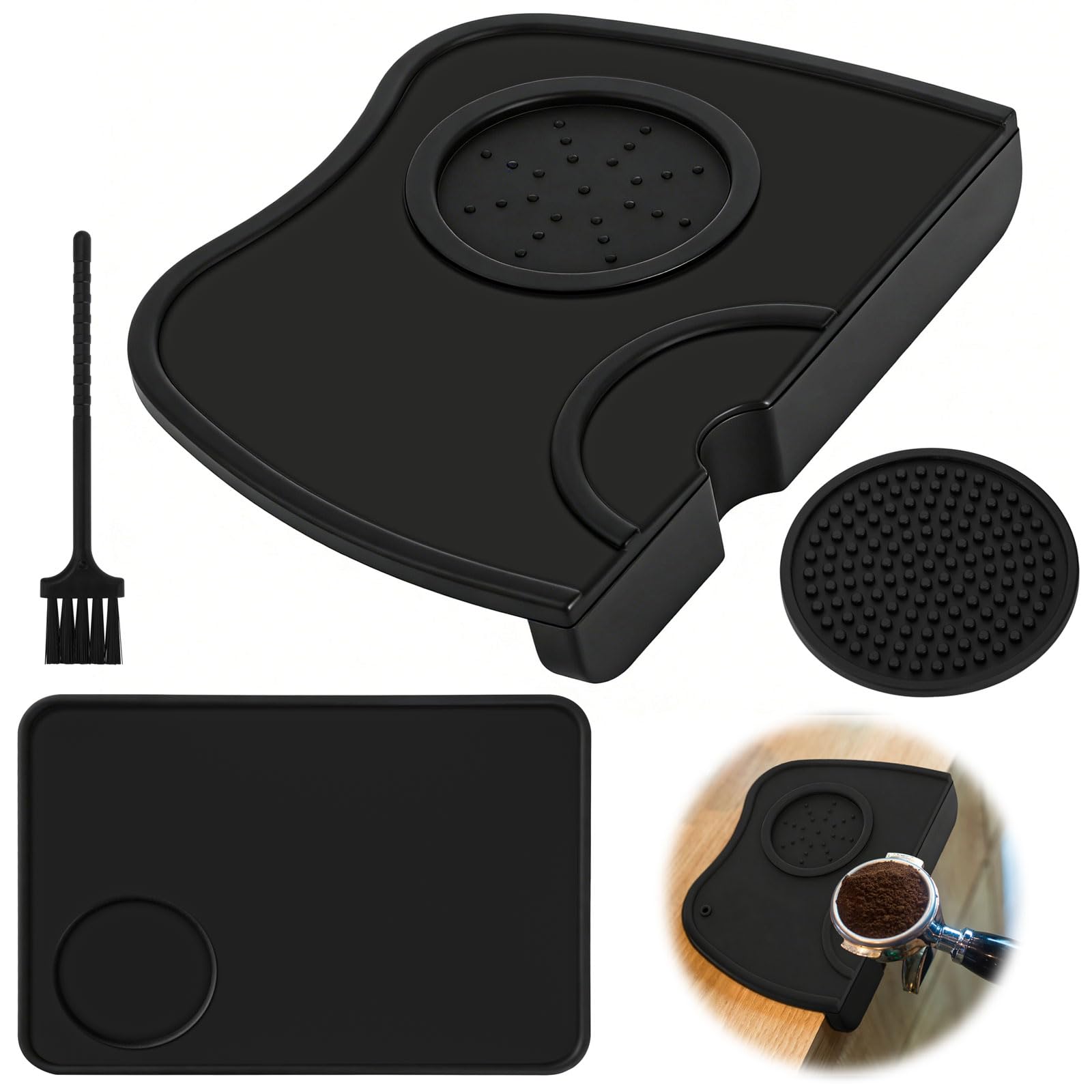 2PCS Silicone Coffee Tamper Mat,Coffee Tamper Mat with 1Brush and 1Coasters