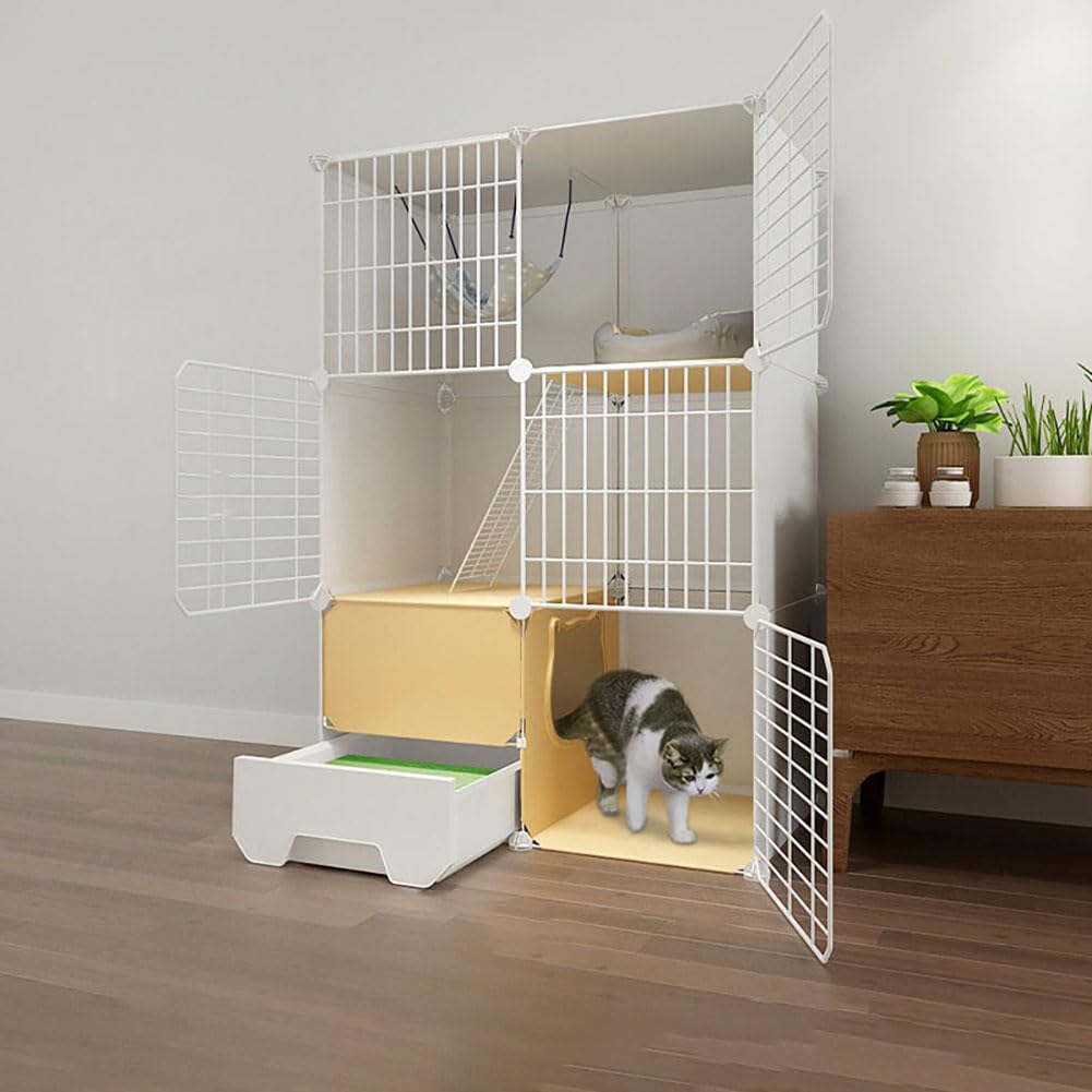 DIY Petit Animal Cage pour Animaux, Enclos Chat Balcon Metal, Clôture Pliable pour Lapins, Cochons d'Inde, Chiots, Chat, Furet - Extérieur/Interieur, Blanc, 75x49x111cm