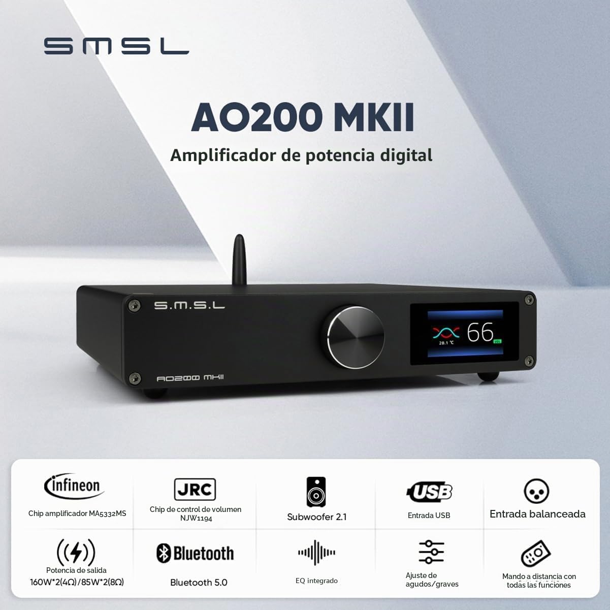 AOSHIDA SMSL AO200MKII MA5332MS - Amplificador de potencia digital (chip 160 W x 160 W, Bluetooth5.0, USB/RCA/XLR, entrada de 2.1 canales, HiFi para altavoces de subwoofer/pasivos)