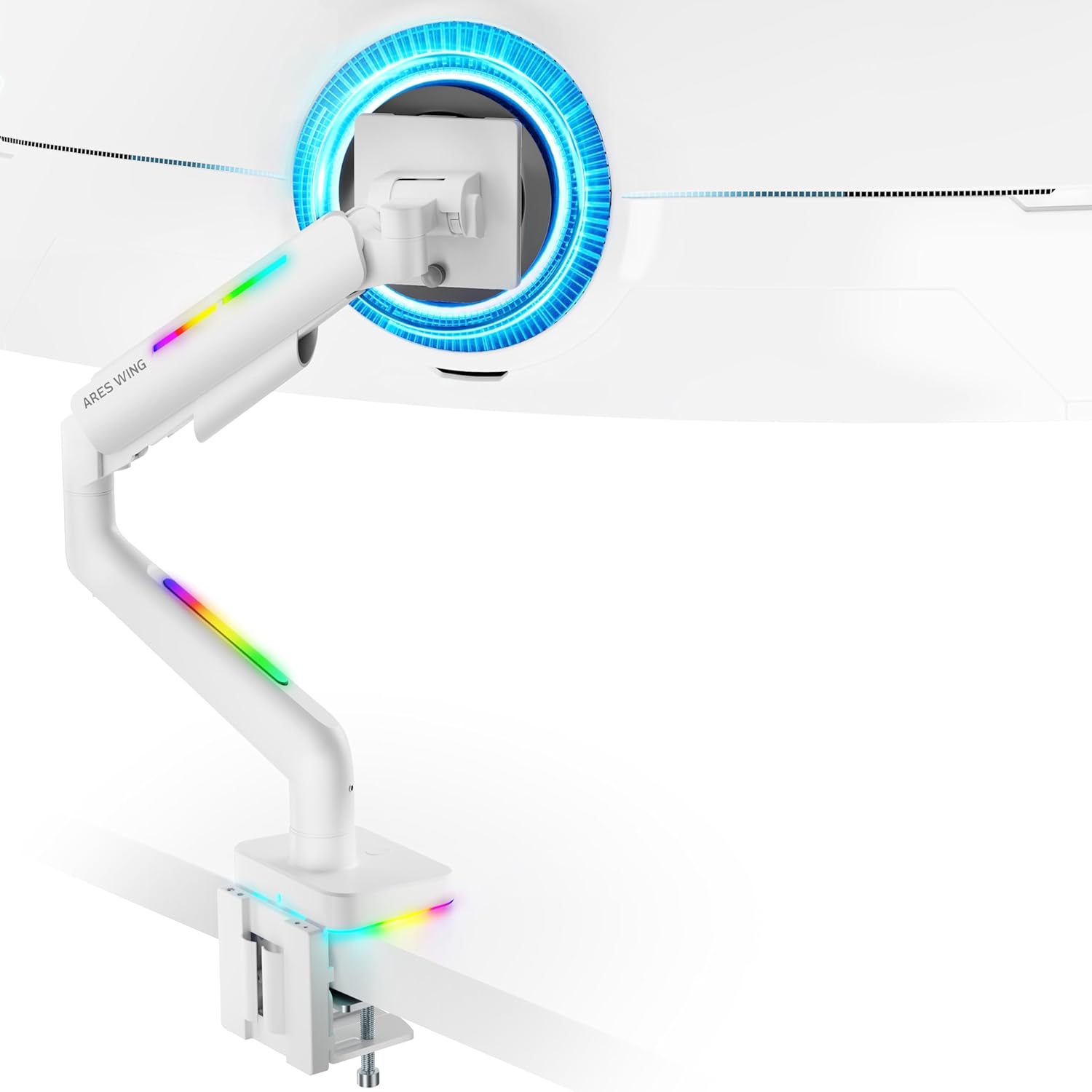 A white ARES WING monitor arm securely holding a large ultrawide monitor, showcasing the RGB lighting and desk clamp.