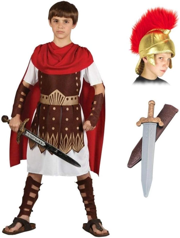 Boys Roman Centurion Gladiator Sparticus Fancy Dress COSTUME + ROMAN HELMET (FABRIC) + SWORD - Size: 5 - 7 years